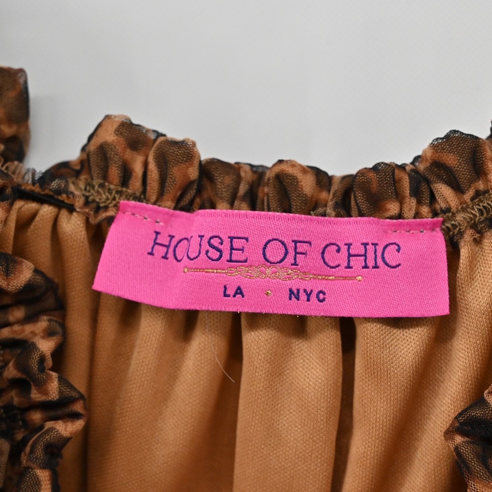 House of House of Chic Mesh Maxi Dress Womens Size S Brown Bell Sleeve Leopard - Picture 9 of 15